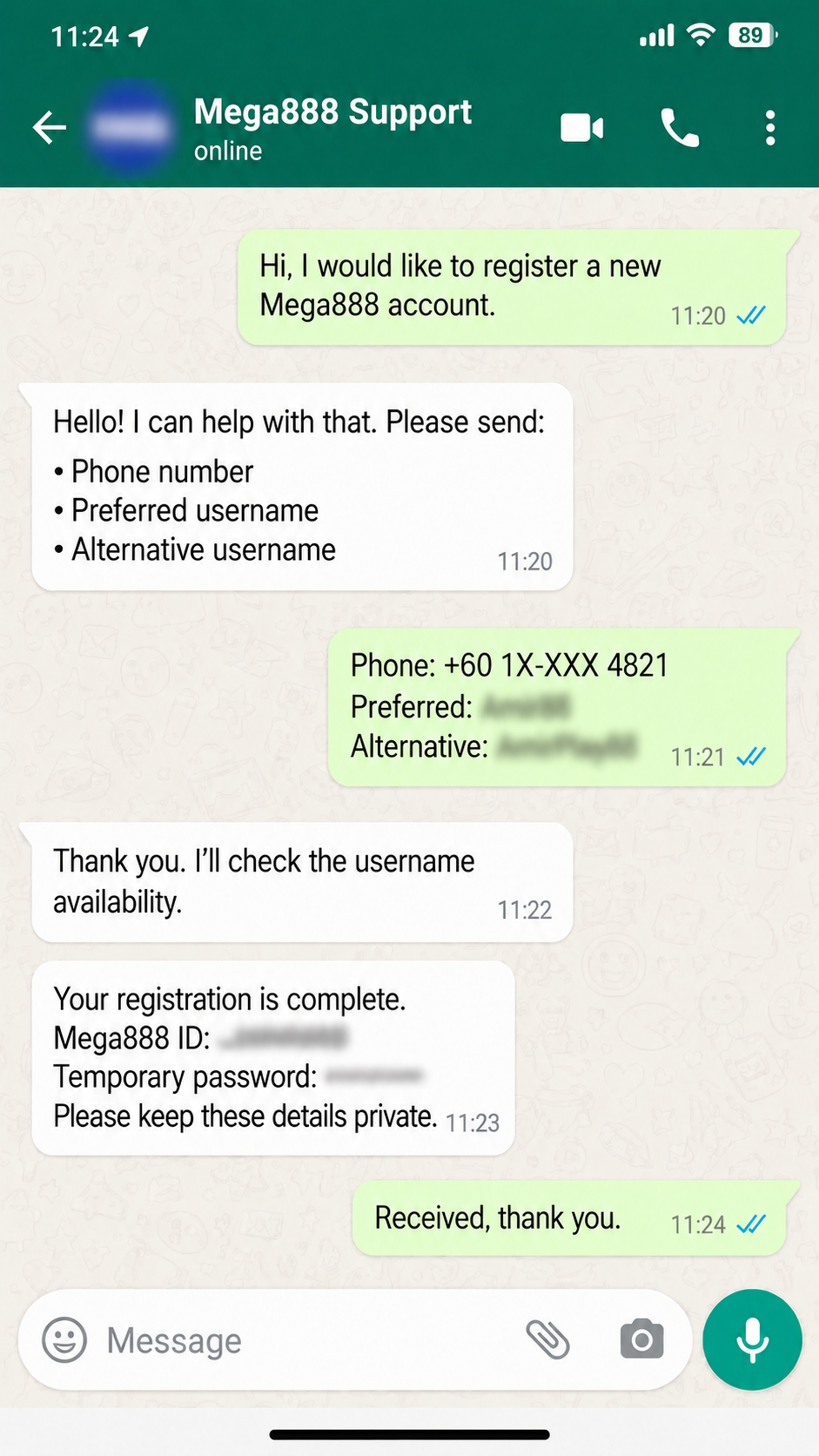 Sample WhatsApp chat showing Mega888 registration with the ID, password and usernames blurred