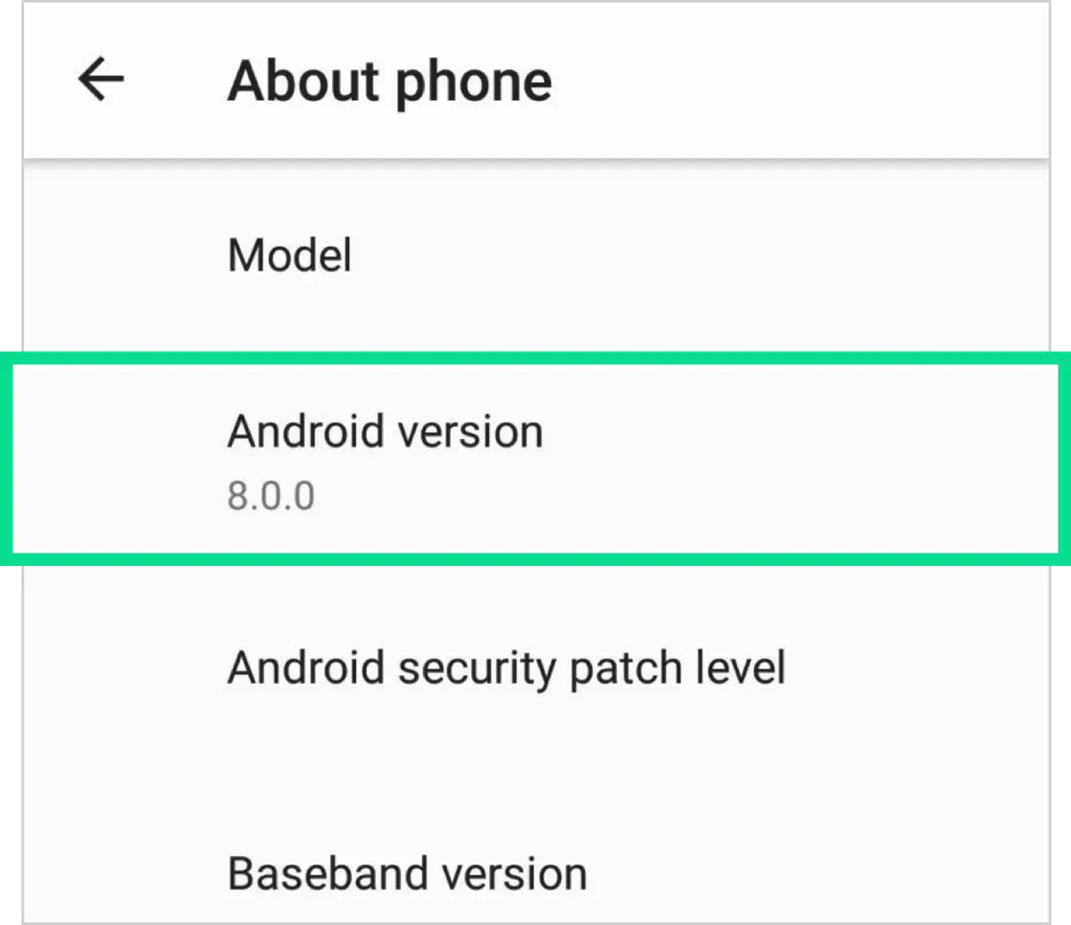 Android About Phone screen showing the installed Android version