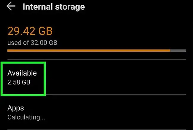 Android Storage screen showing the available device space