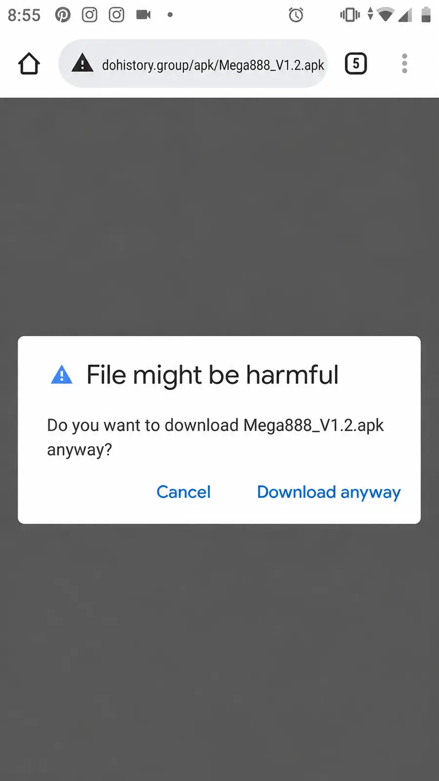 Android browser warning for Mega888_V1.2.apk