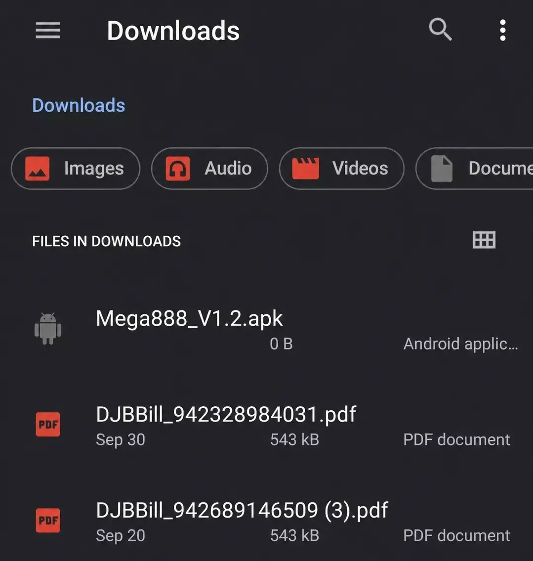 Android Downloads folder showing Mega888_V1.2.apk