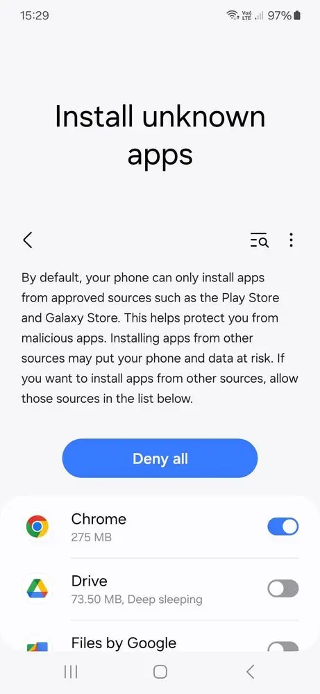Install Unknown Apps screen with the browser permission highlighted