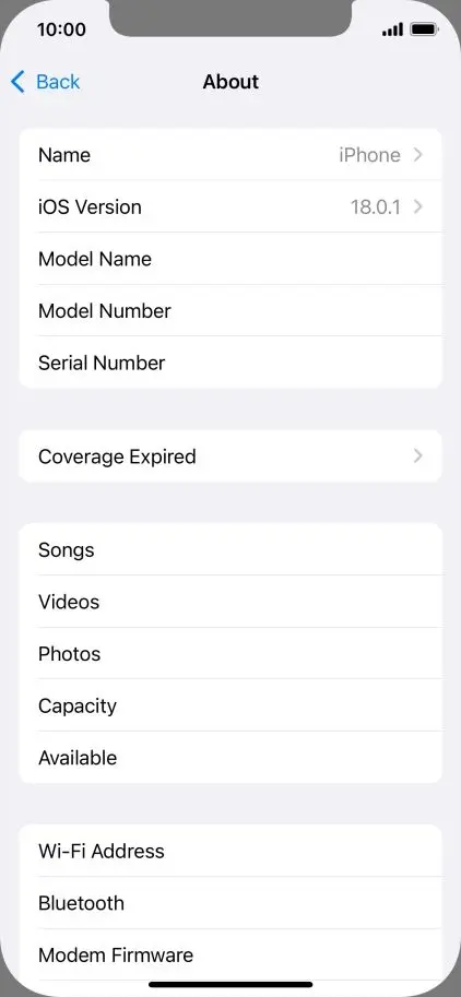 iPhone About screen showing the installed iOS version