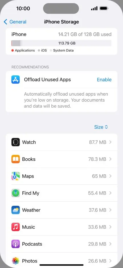 iPhone Storage screen showing the available space
