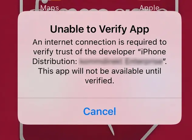 Unable to Verify App message with the distributor name blurred